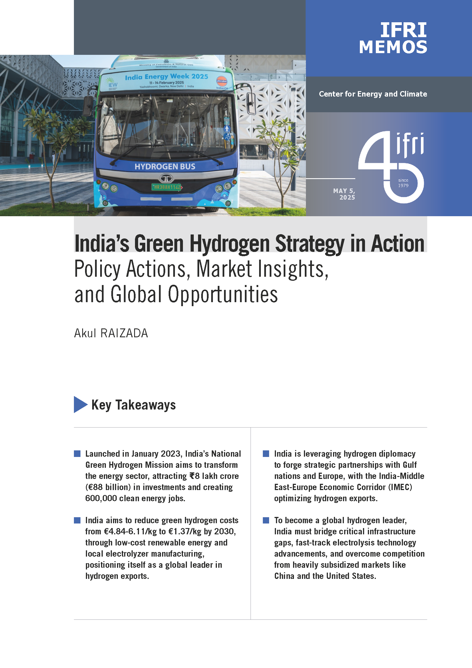 cover of Ifri Memo on green hydrogen in India by Akul Raizada