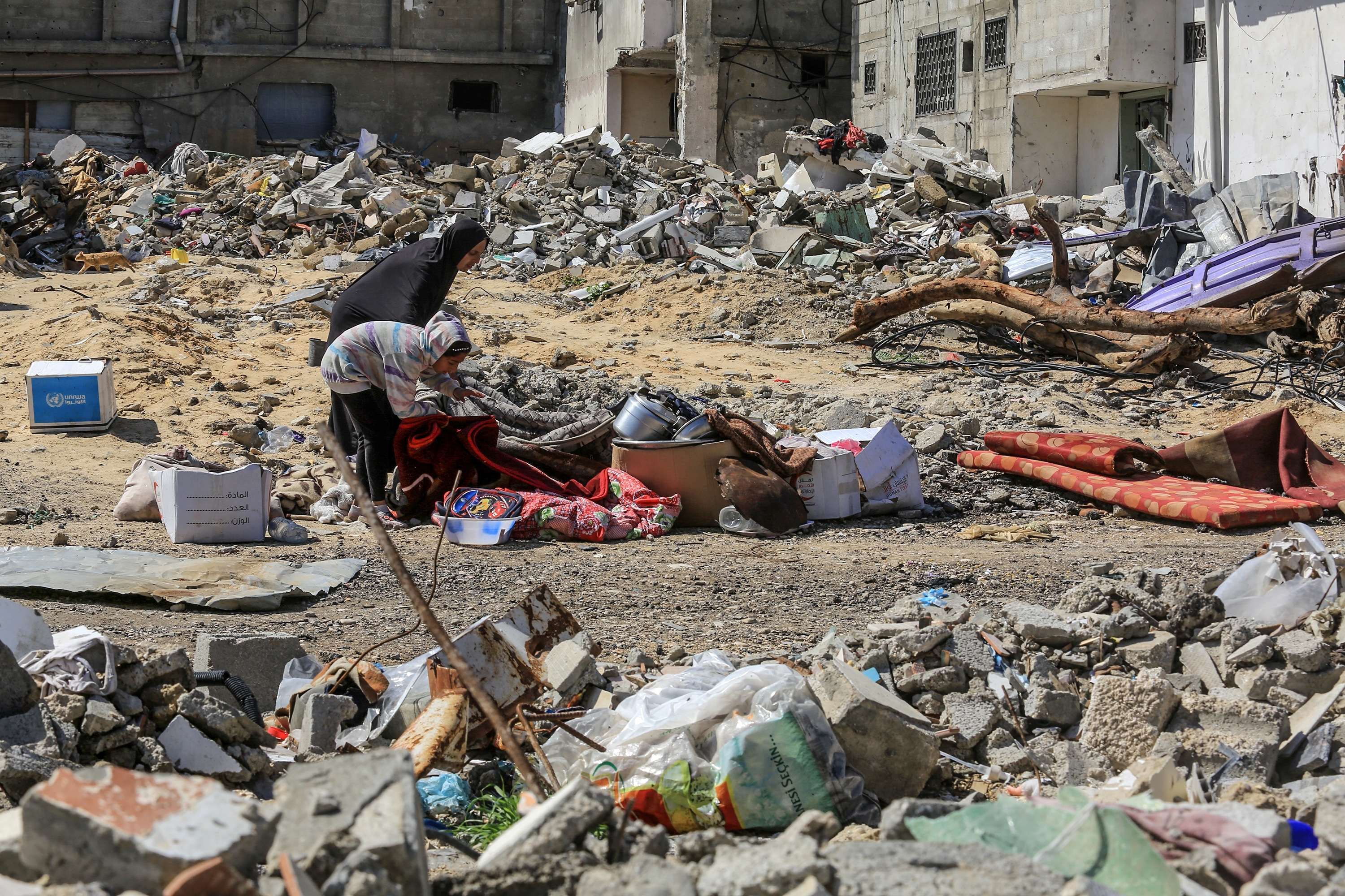 Palestiniens dans la ville de Rafah après la destruction de leur maison le 25 février 2025