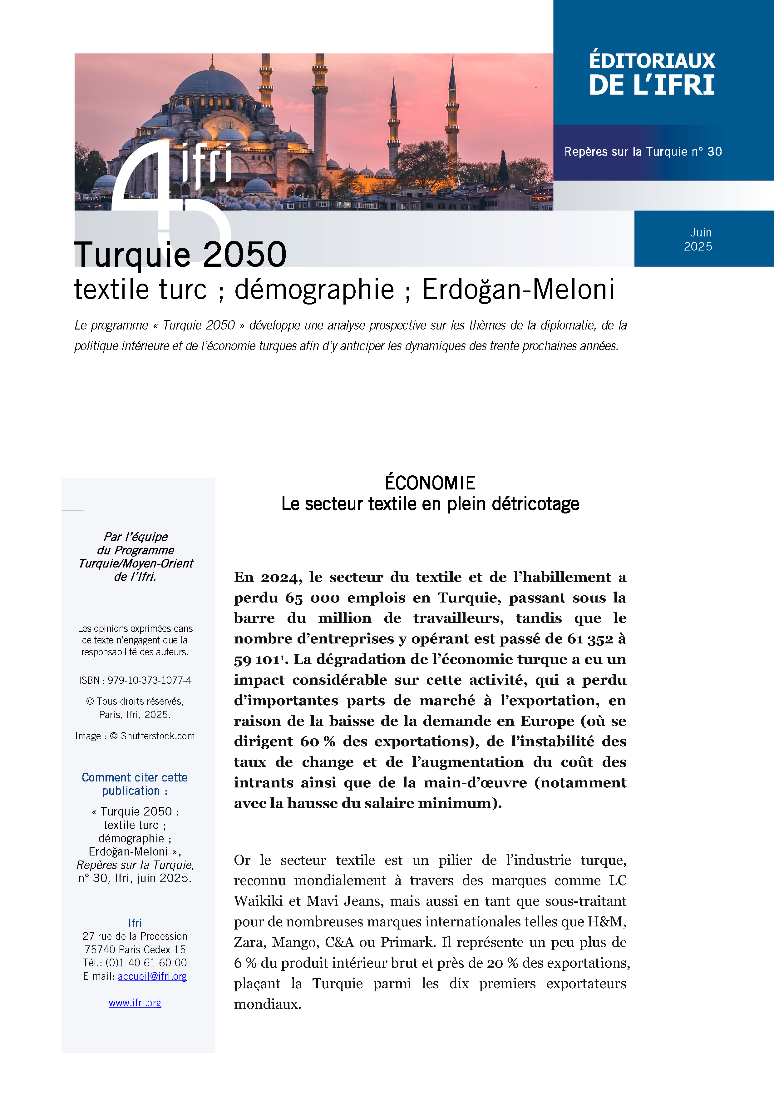 Turquie 2050 : textile turc ; démographie ; Erdoğan-Meloni
