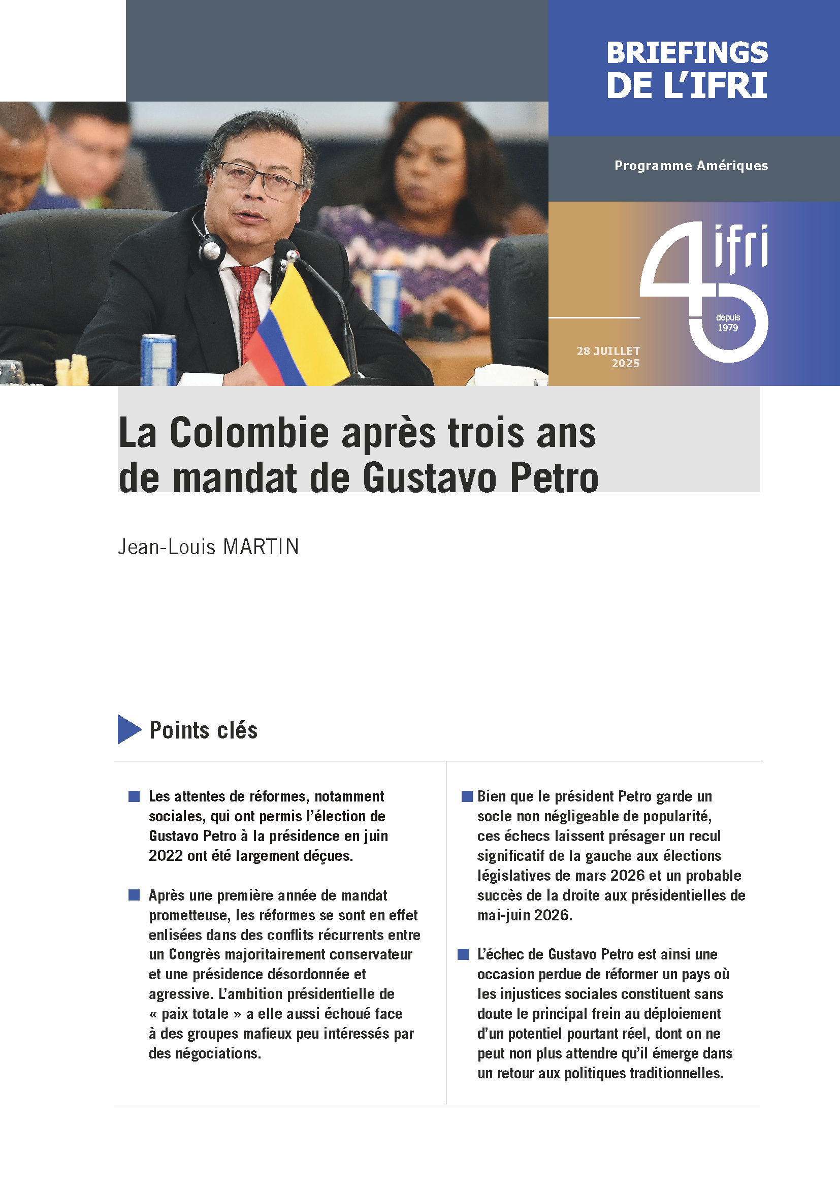 jean-louis martin, la colombie après trois ans de mandat de gustavo petro, ifri, programme amériques