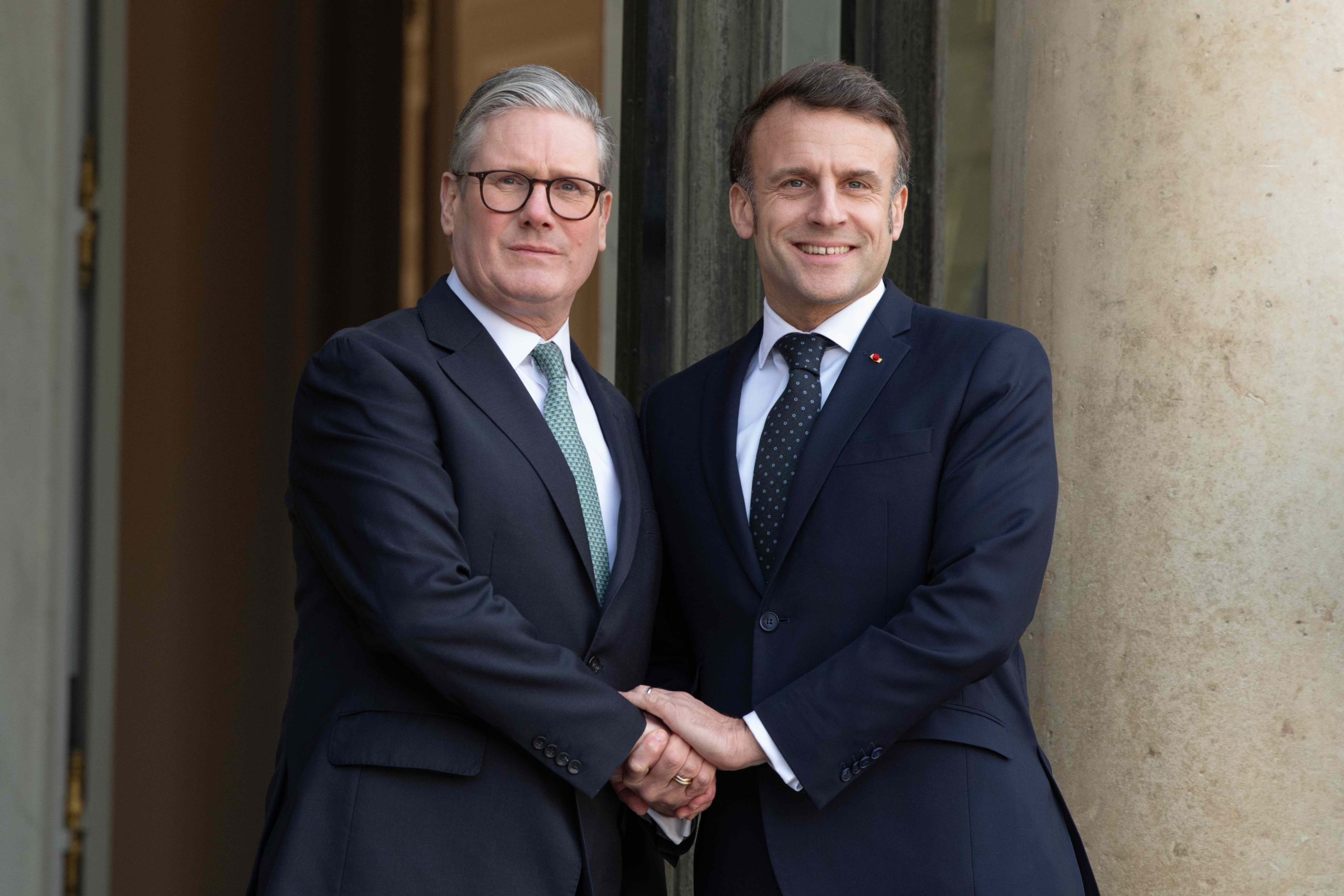 PARIS, FRANCE - February 17, 2025: French President Emmanuel Macron welcomes United Kingdom Prime Minister Keir Starmer to the Élysée Palace for a summit on Ukraine and European security.