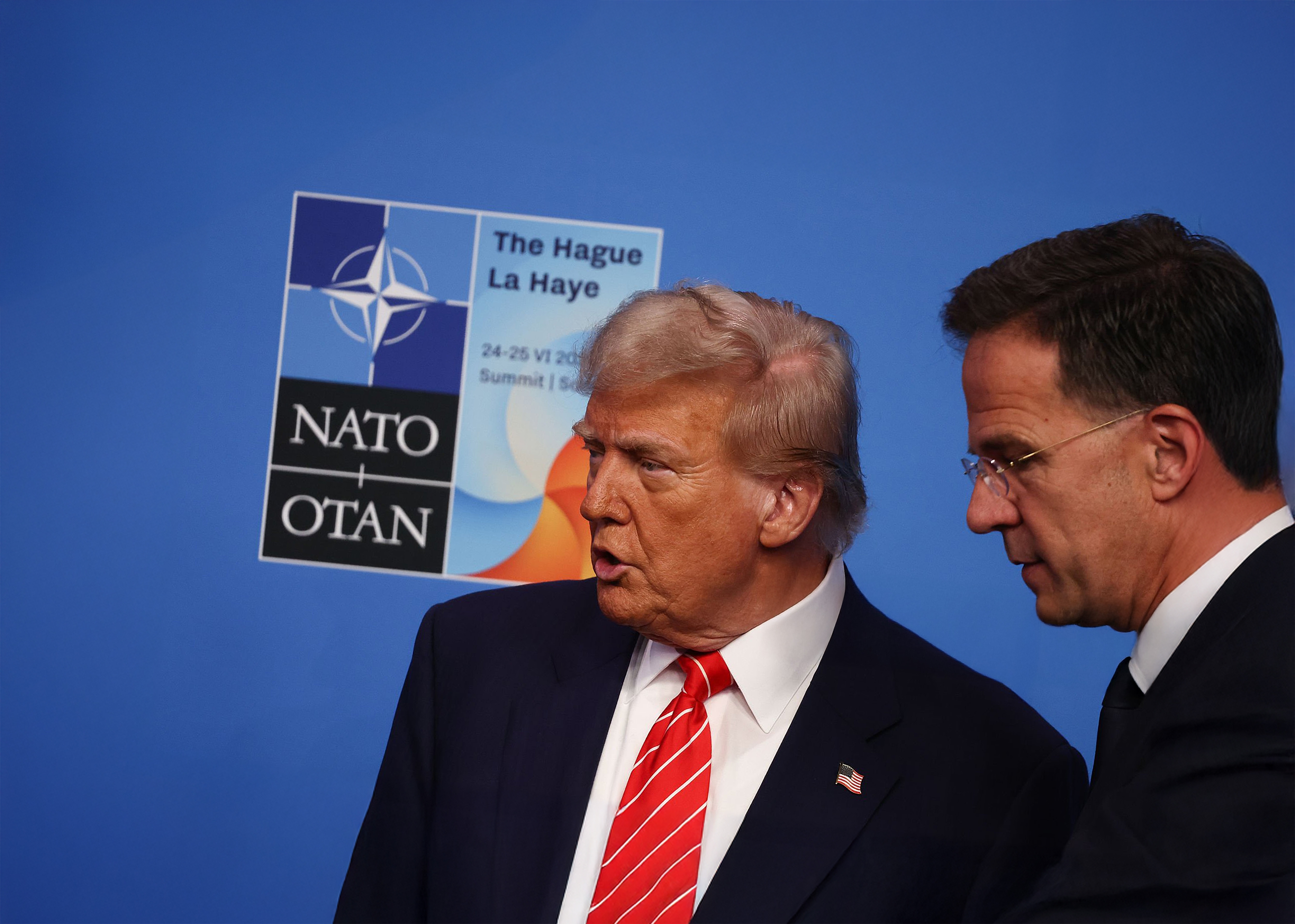 On June 25, 2025, in The Hague, Netherlands, United States President Donald Trump met with NATO Secretary General Mark Rutte on the final day of the NATO Summit to discuss Alliance priorities and security.
