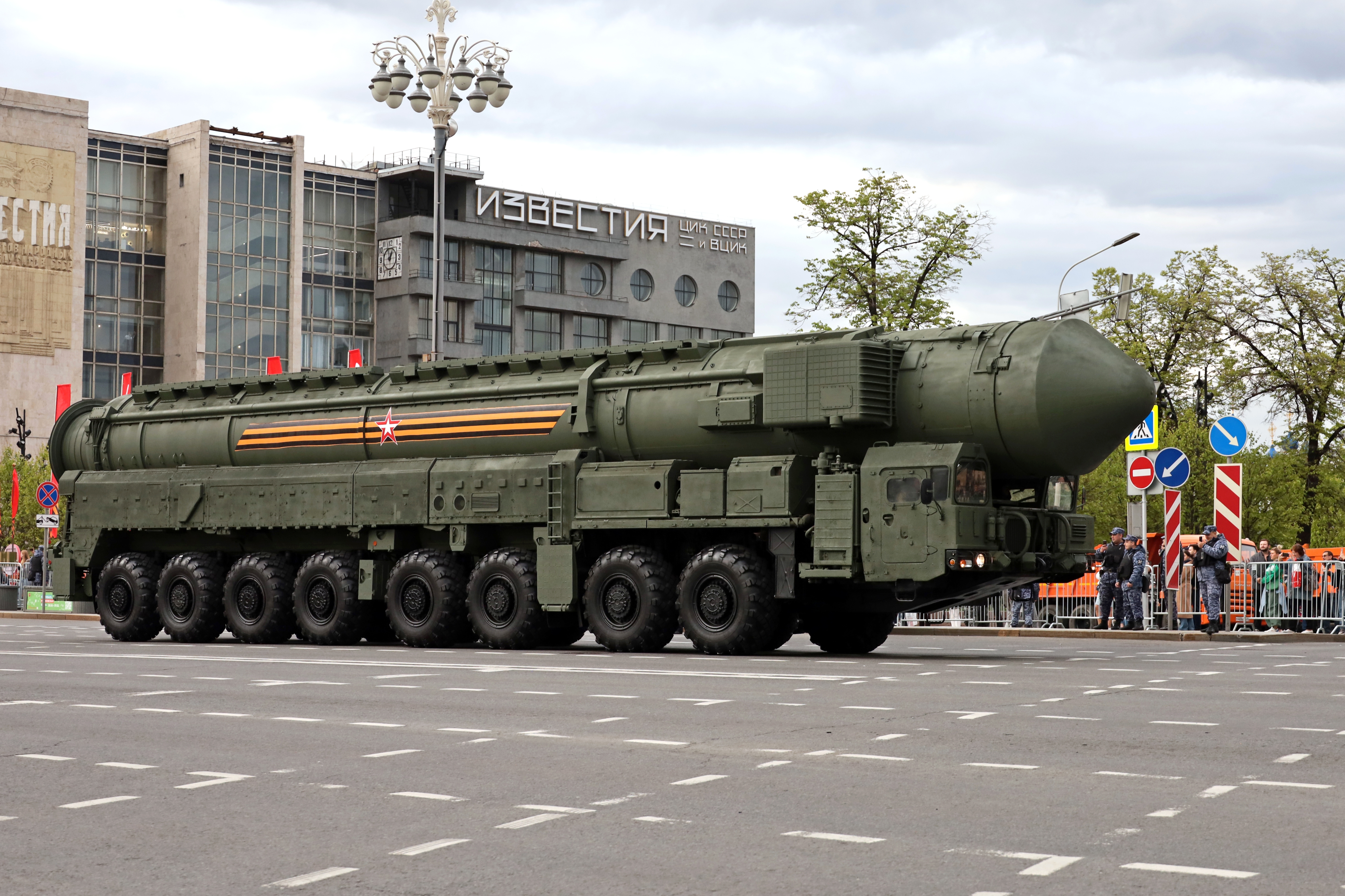 Moscow, Russia – May 2023: Nuclear weapons, Russian strategic missile system “Yars” on the city street before the Victory Day parade