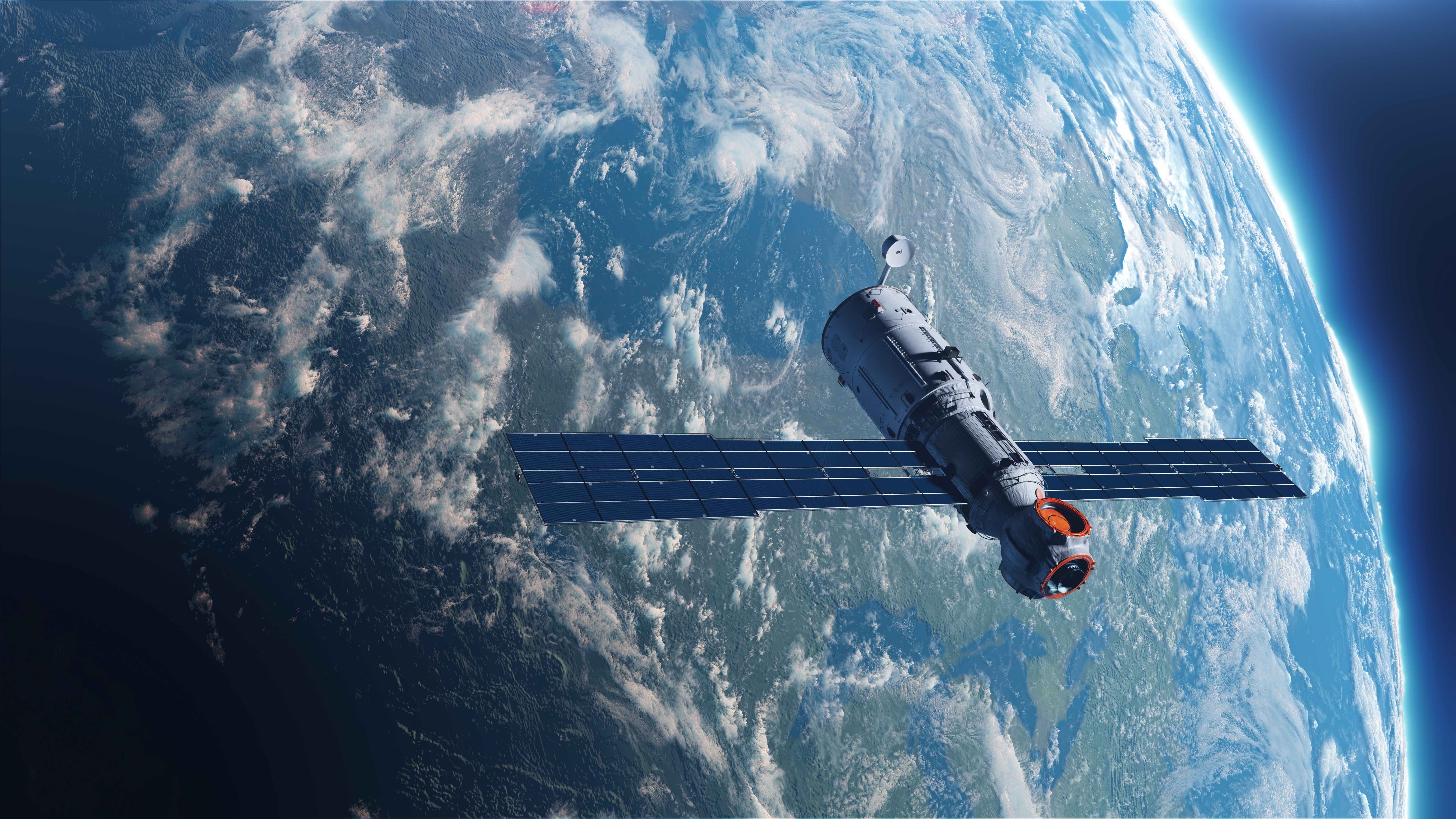 Illustration avec un satellite artificiel en orbite autour de la Terre (3D)