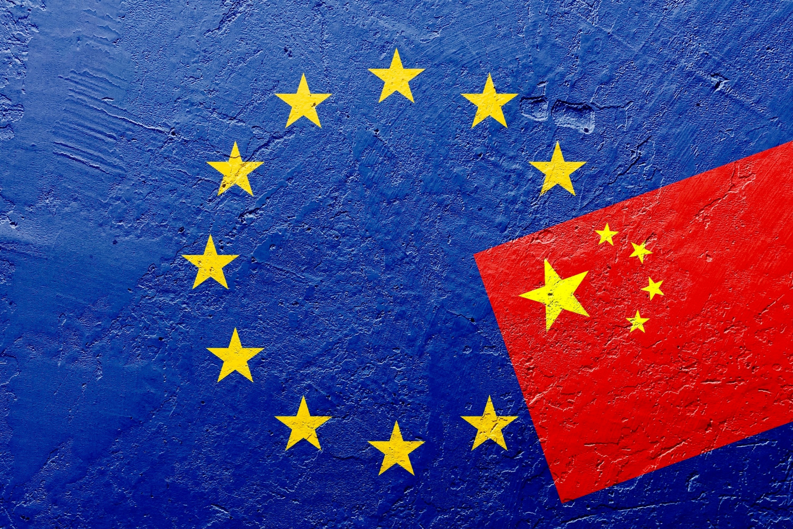 Chinese flag on EU flag background