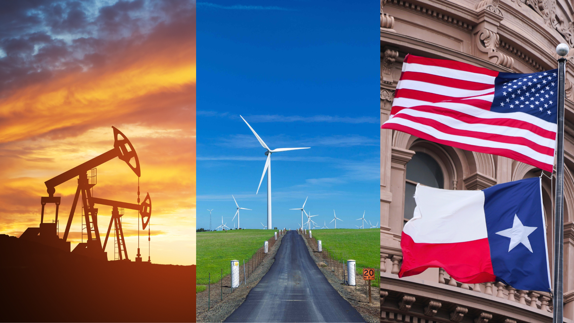 Un forage de pétrole, 28 mai 2025 ; un champ d'éoliennes, 23 avril 2023 ; le drapeau des États-Unis et le drapeau du Texas, 9 avril 2024.