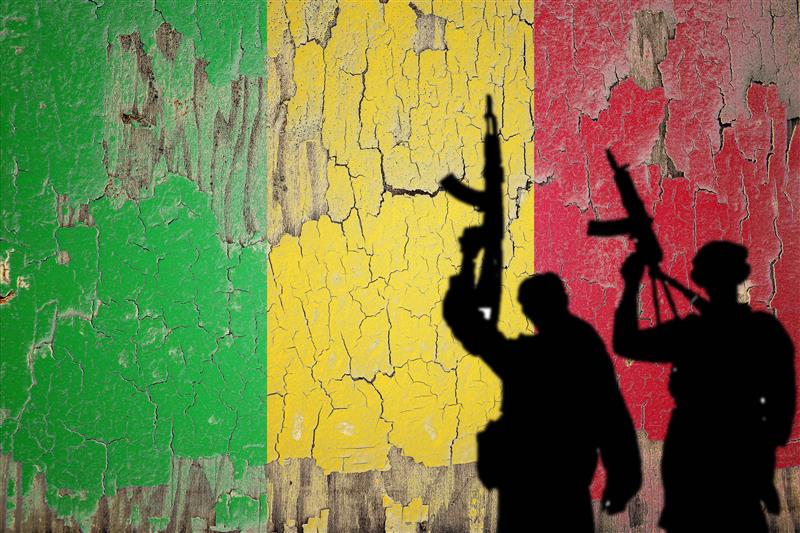 Drapeau du Mali peint sur le mur fissuré d'ombre terroriste.