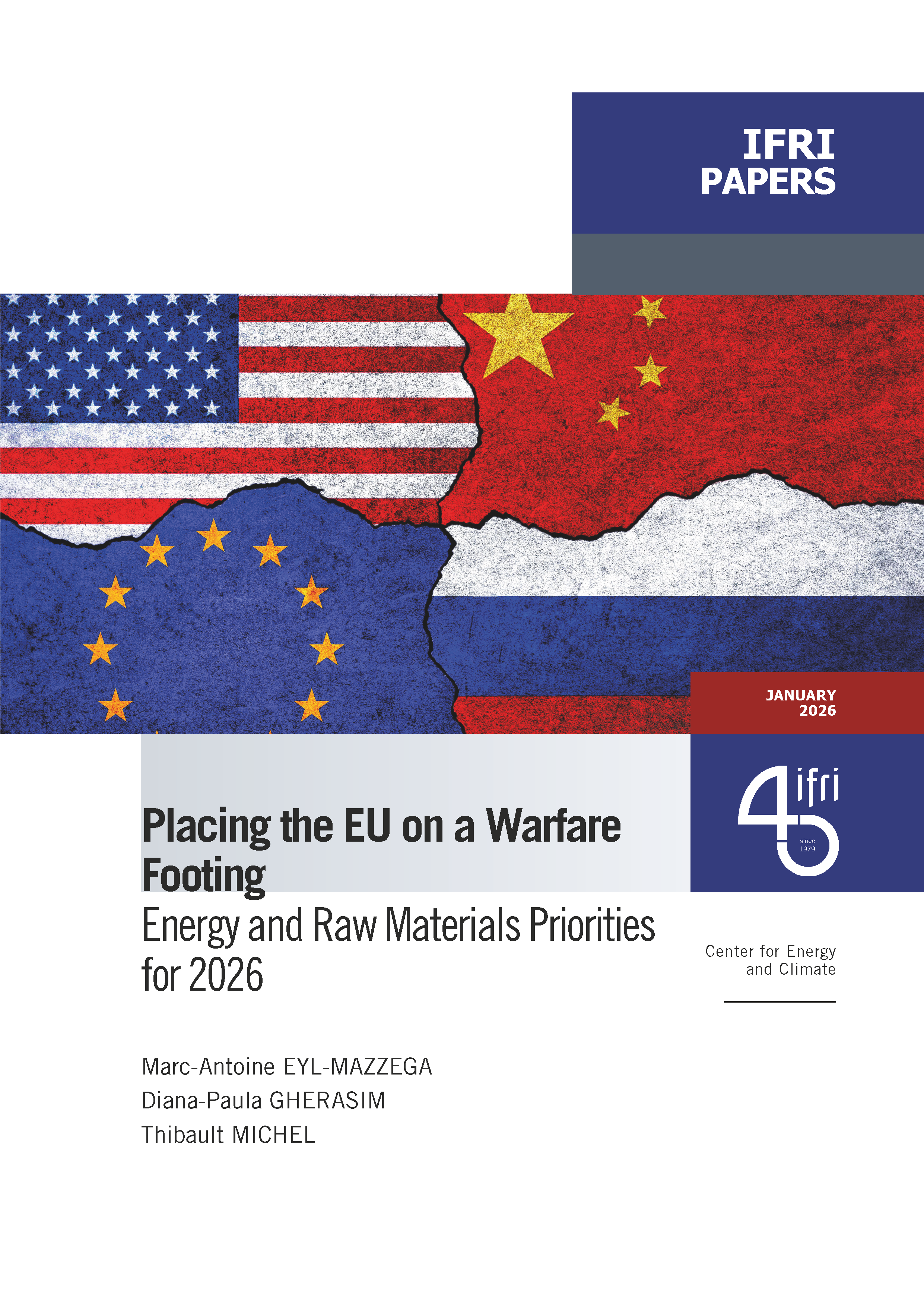 Ifri papers cover on Placing the EU on a Warfare Footing: Energy and Raw Materials Priorities  for 2026