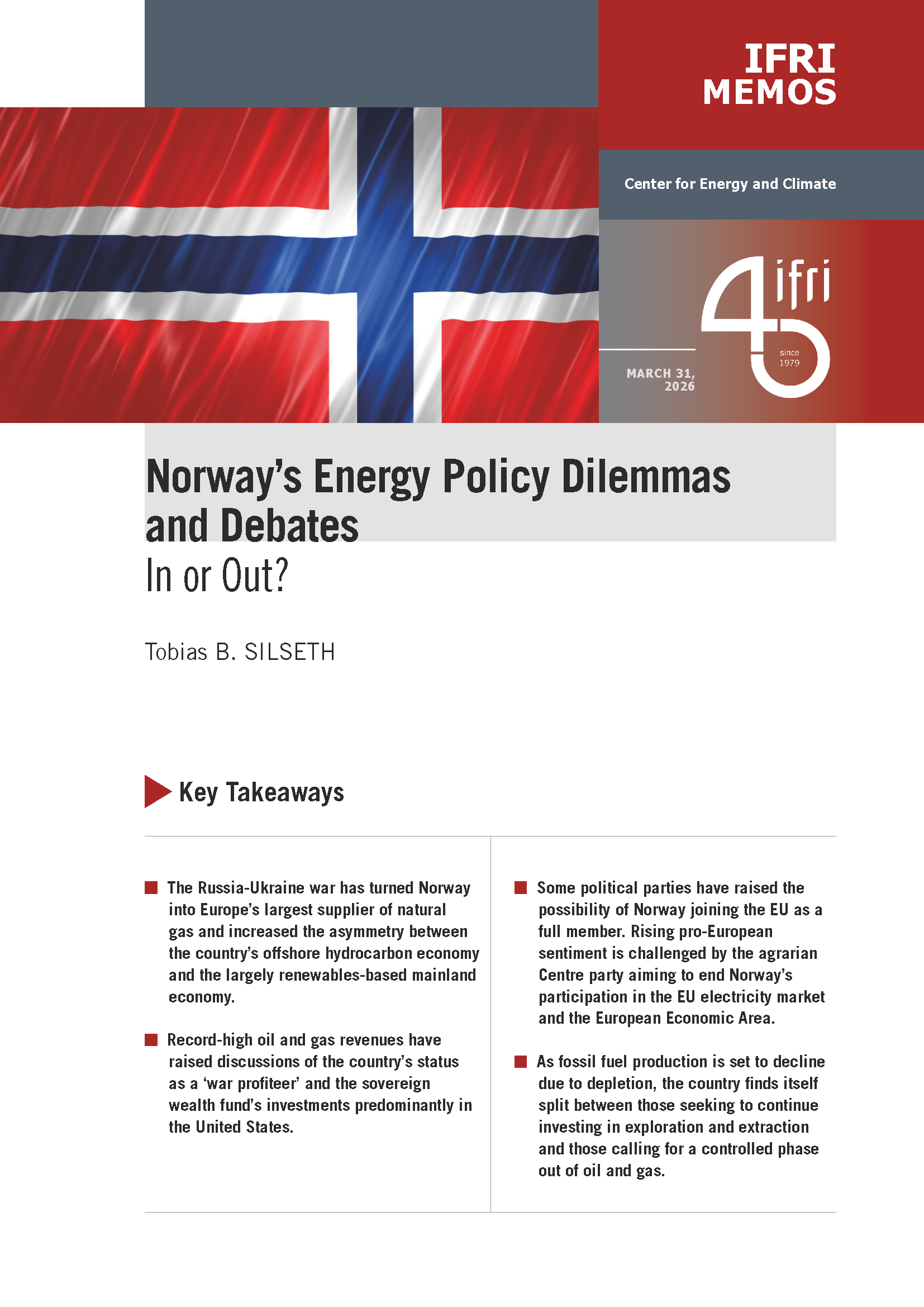 Cover of Ifri's paper on Norway energy policy by Tobias B. Silseth