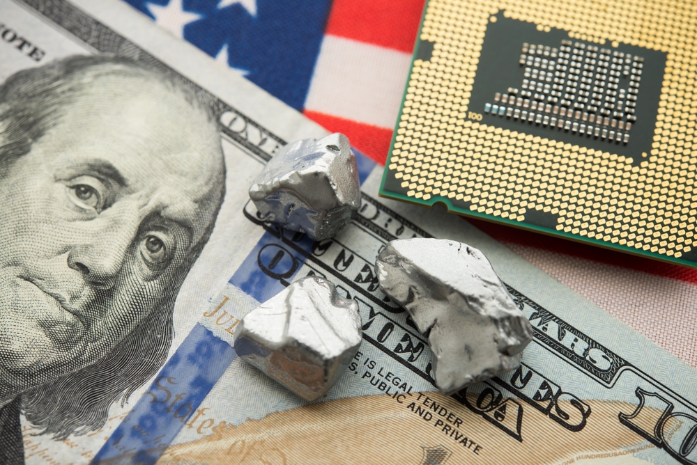Ge (Germanium) Ga (Gallium) on US dollar banknote, American flag and CPU computer