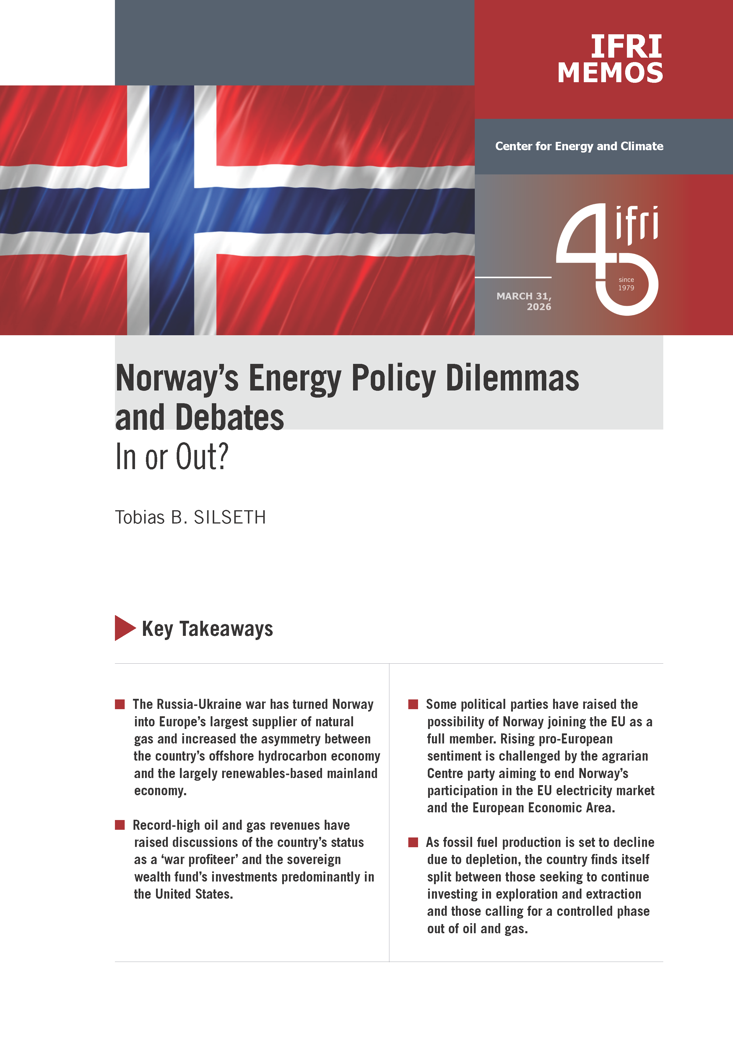Ifri's briefing cover on Norway’s Energy Policy Dilemmas and Debates