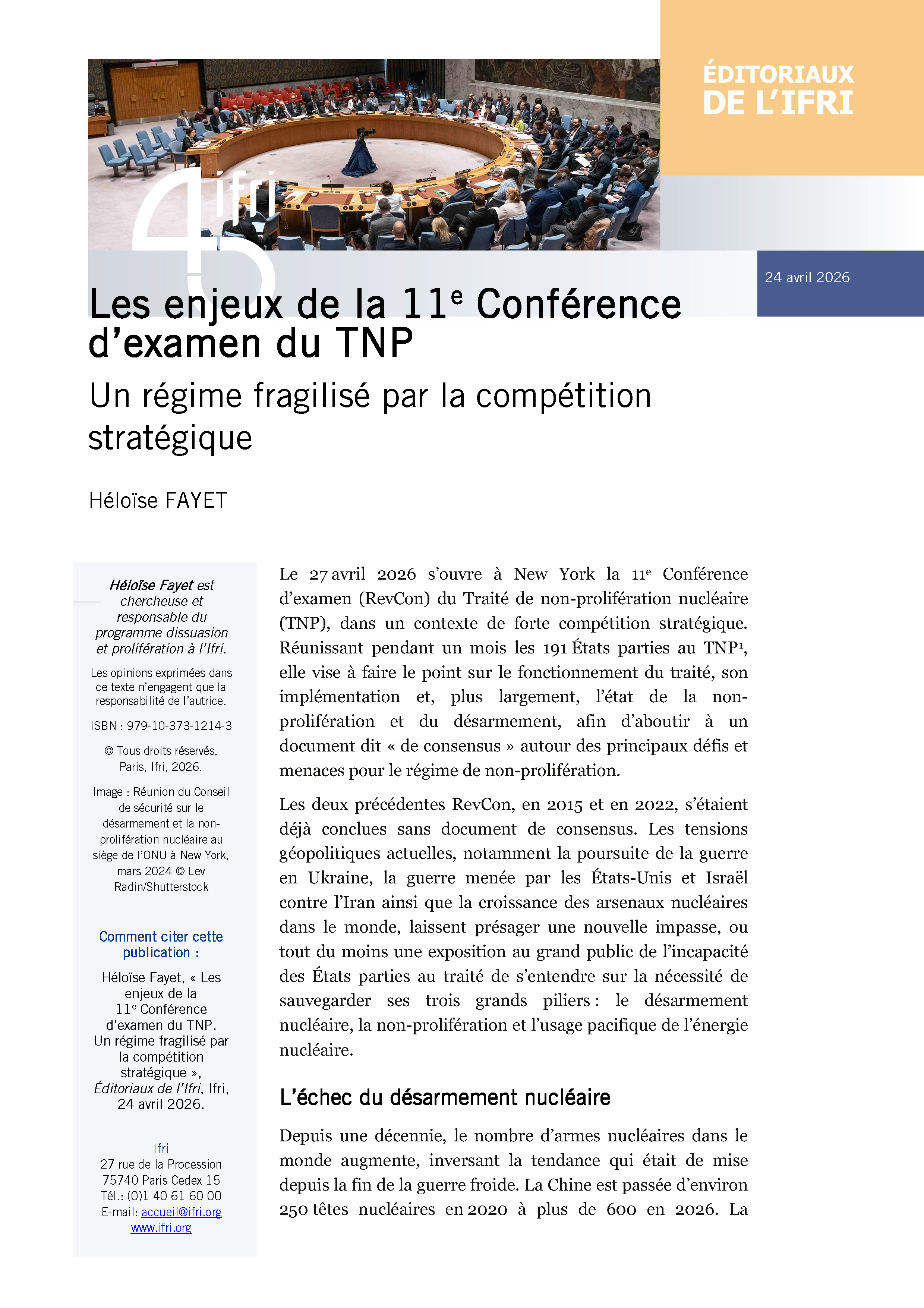 Les enjeux de la 11e Conférence d’examen du TNP Un régime fragilisé par la compétition stratégique couverture Héloise Fayet Ifri