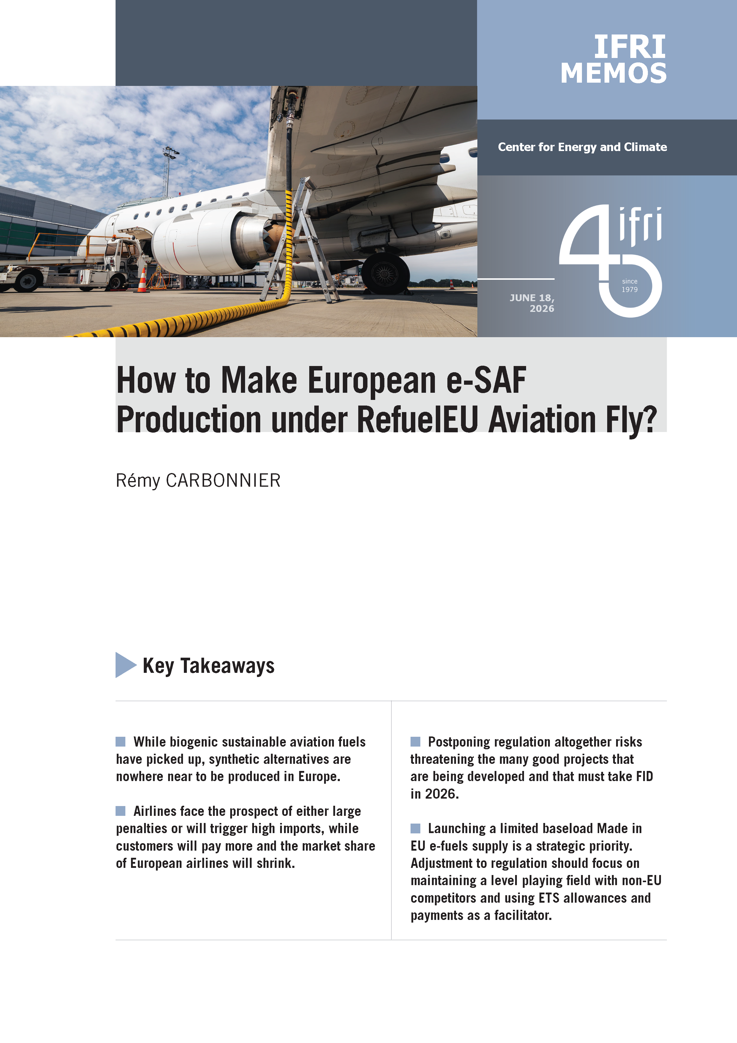 Ifri's briefing cover on E-SAF production by R. Carbonnier