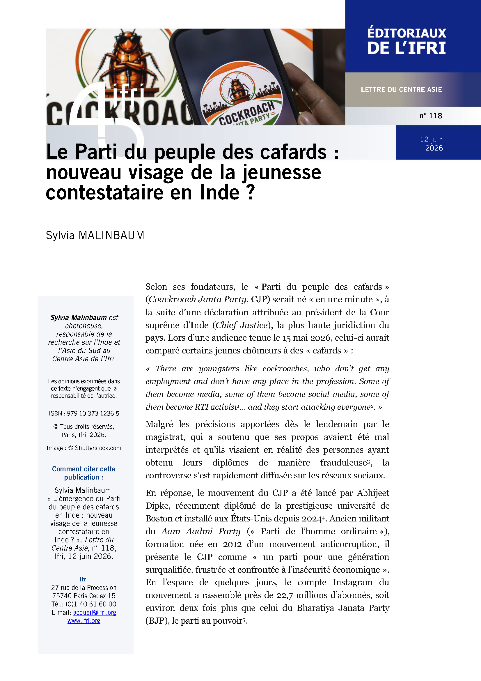 Couverture de l'édito de Sylvia Malinbaum sur le Parti du peuple des cafards en Inde.