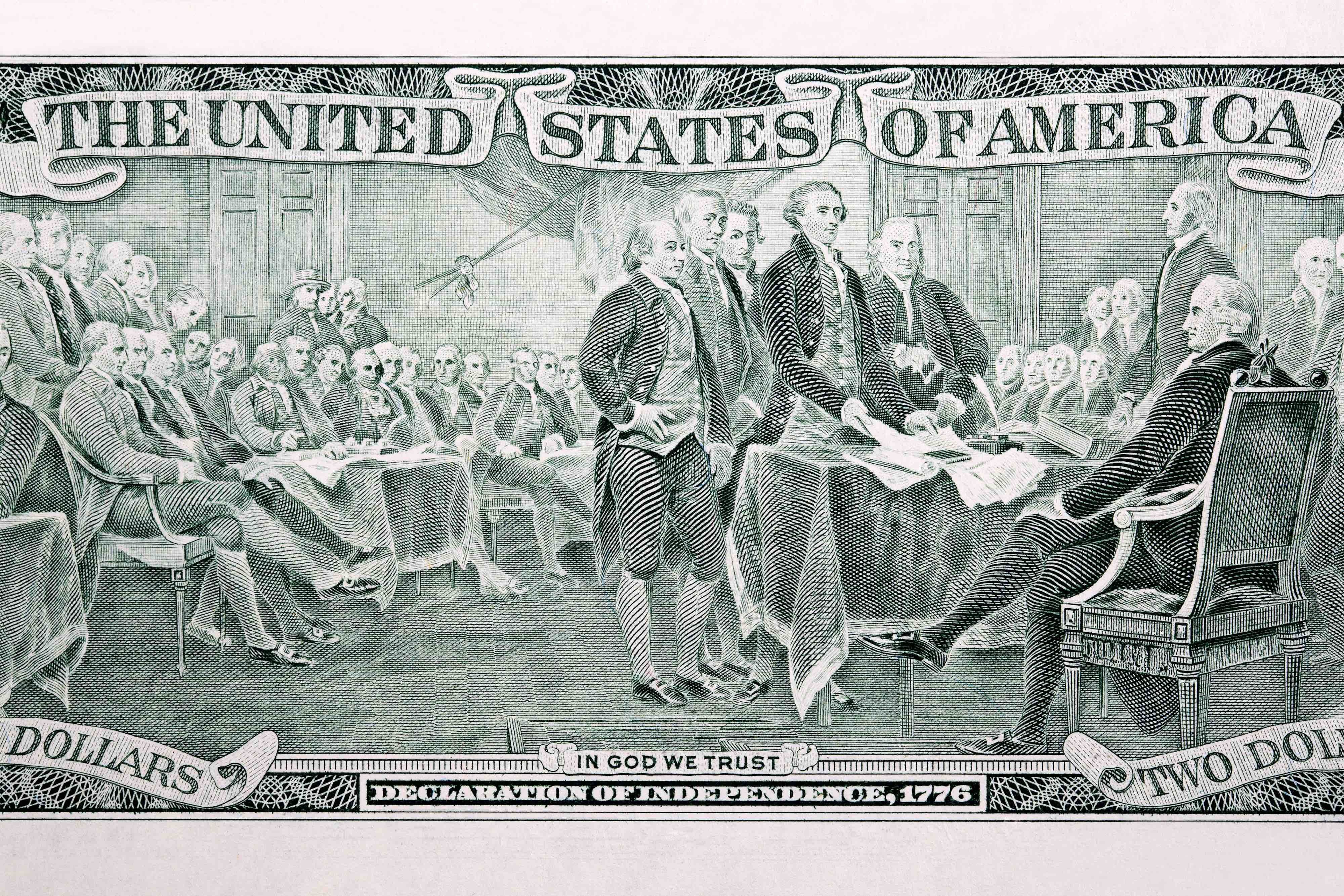 Déclaration d'indépendance des États-Unis reproduite sur le billet de 2 dollars américain