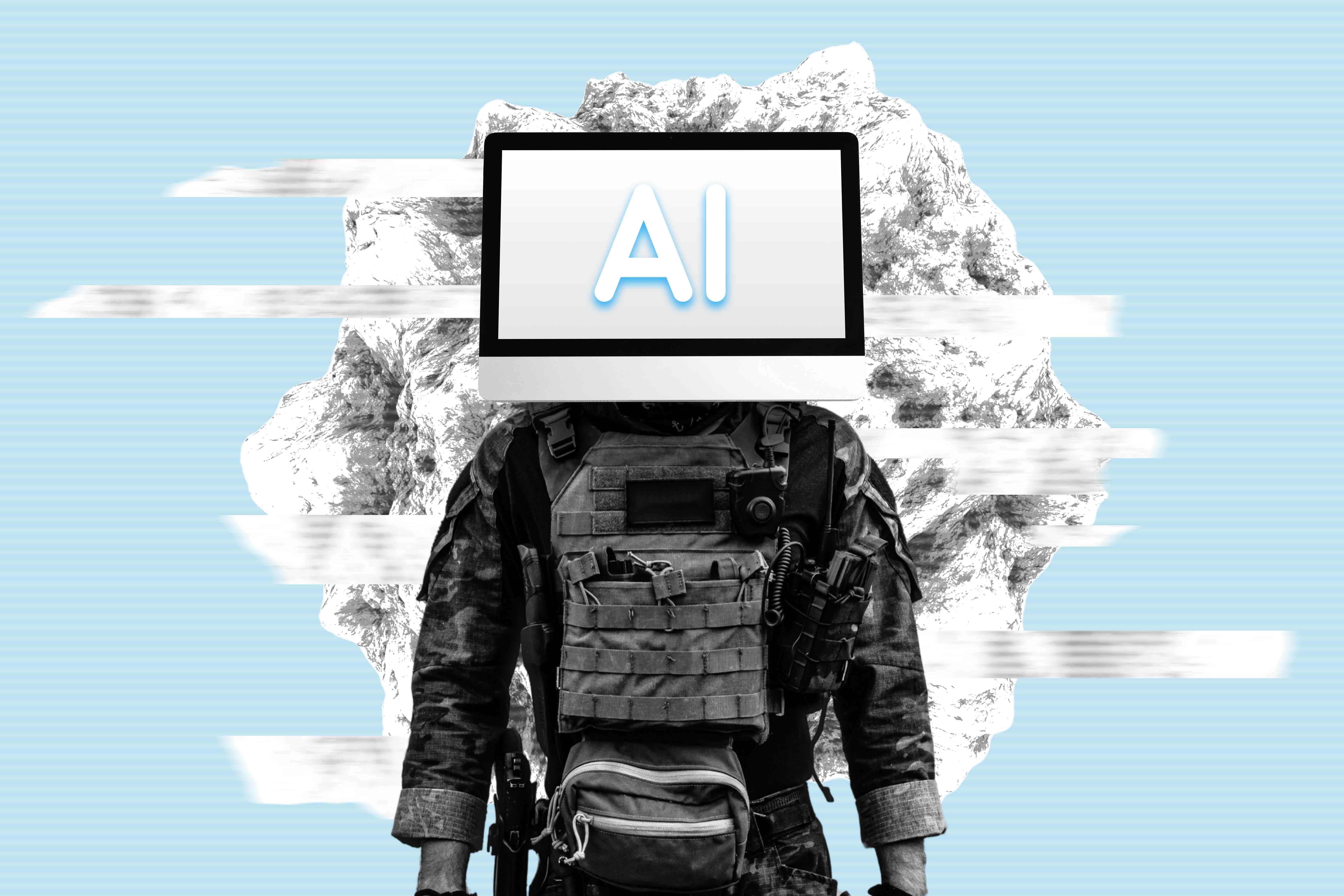 Concept de soldat AI, humain avec tête de moniteur représentant un robot.