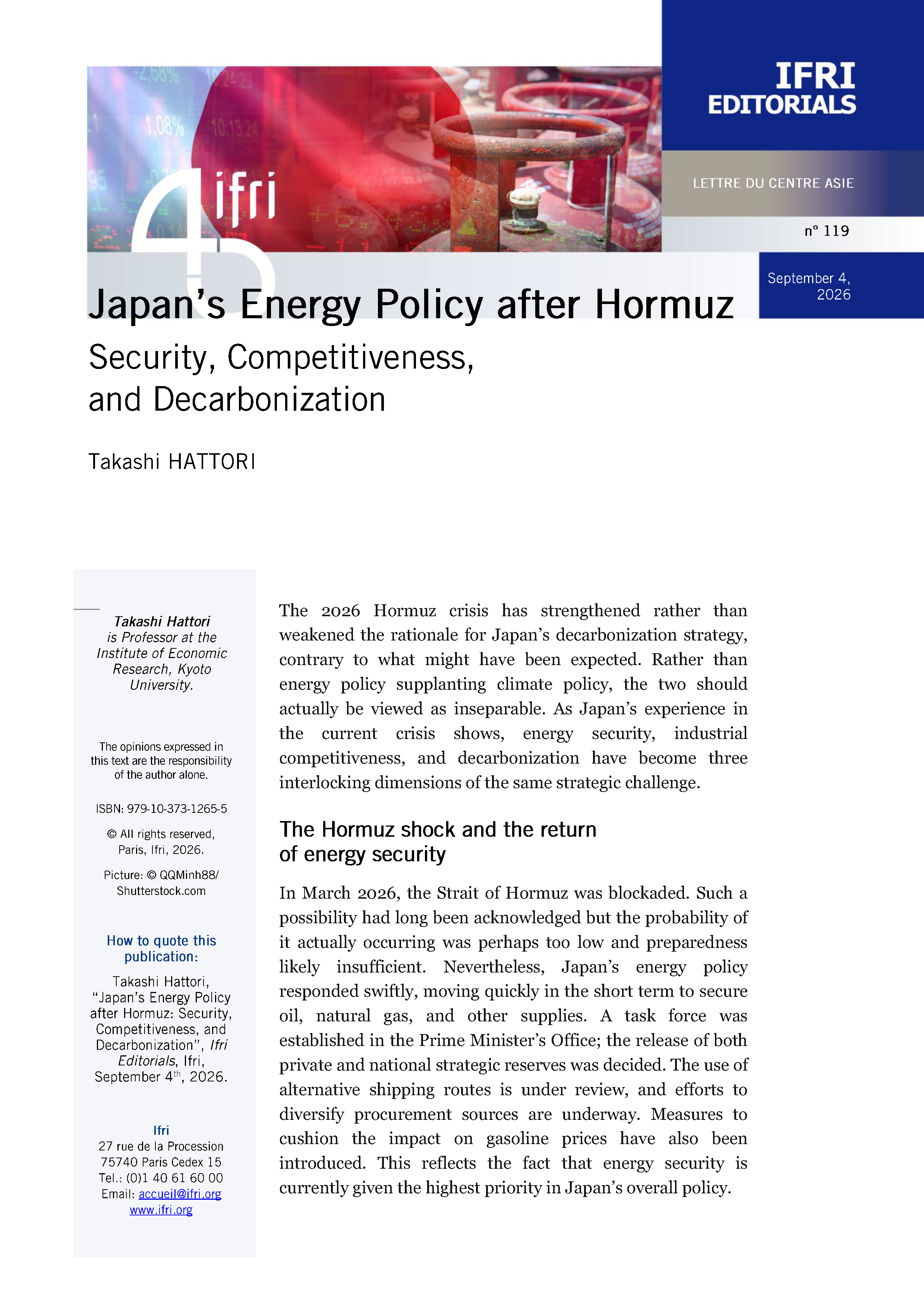 Japan’s Energy Policy after Hormuz Security, Competitiveness, and Decarbonization Takashi HATTORI
