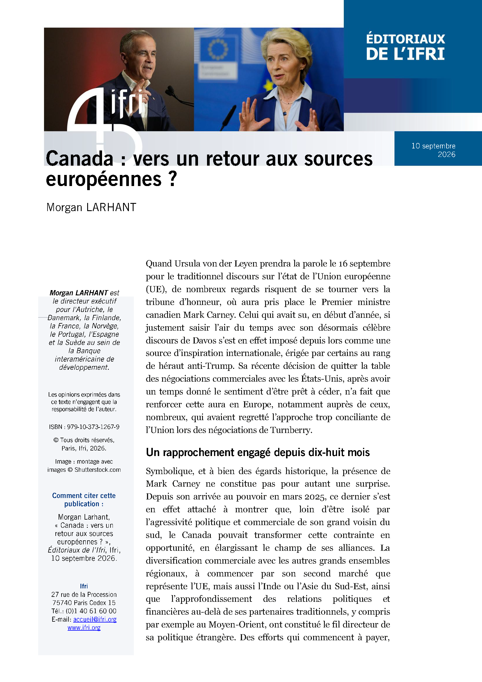 Canada : vers un retour aux sources européennes ? couverture ifri