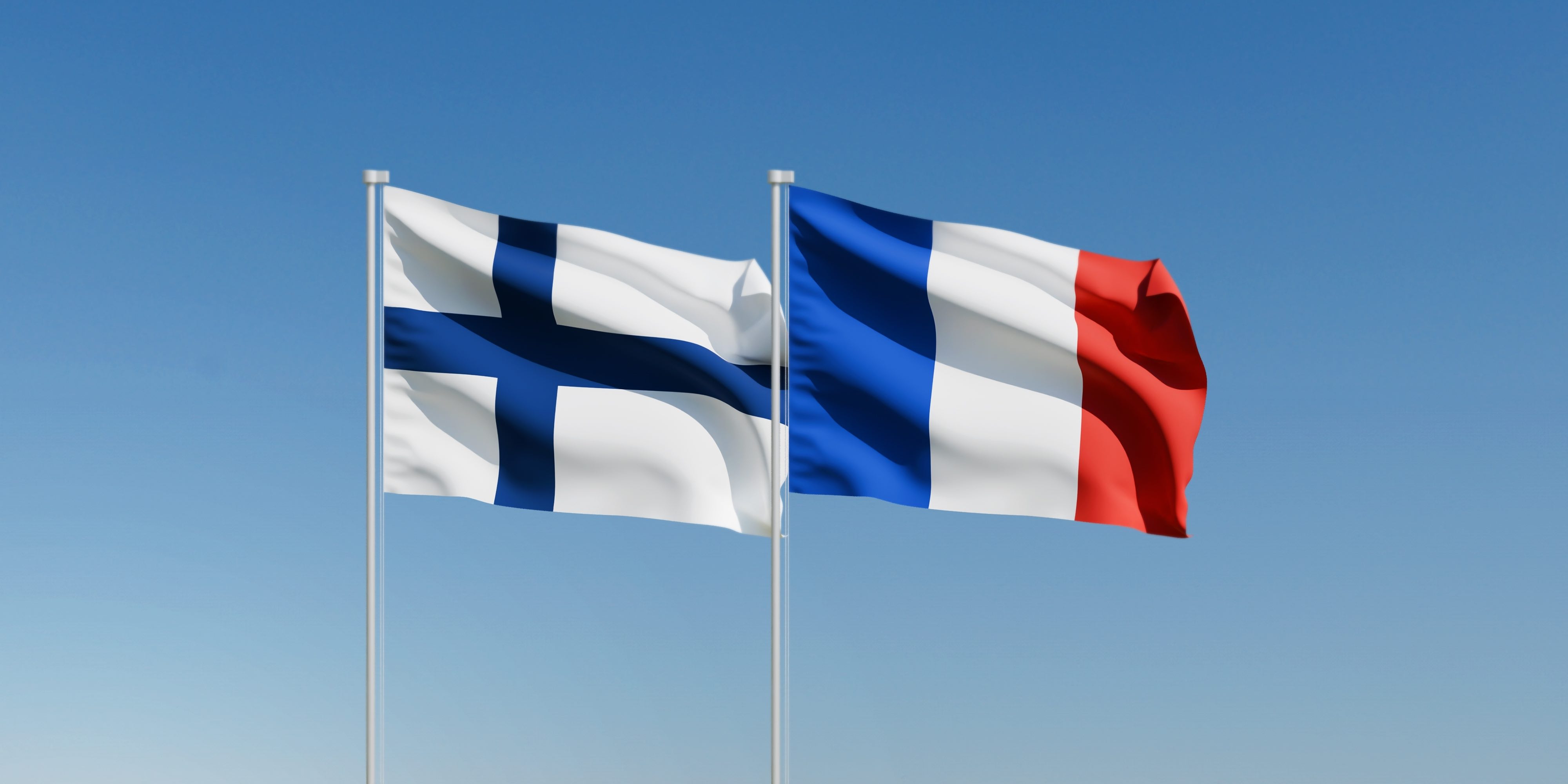 Drapeaux de Finlande et de France et ciel bleu clair