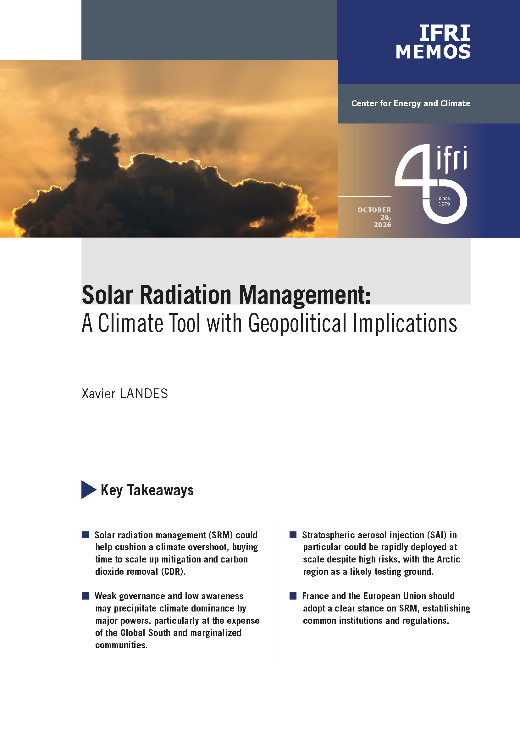 Ifri's memo cover on solar radiation management by X. Landes