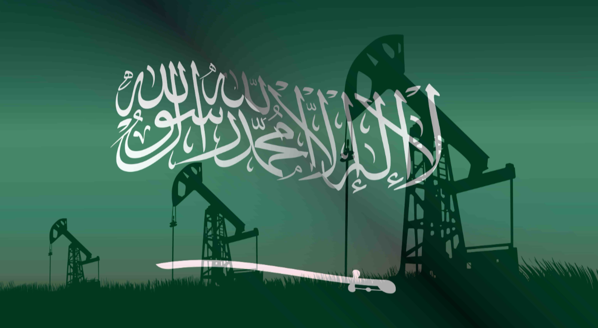 production de pétrole en Arabie saoudite, pompe à huile sur fond du drapeau saoudien