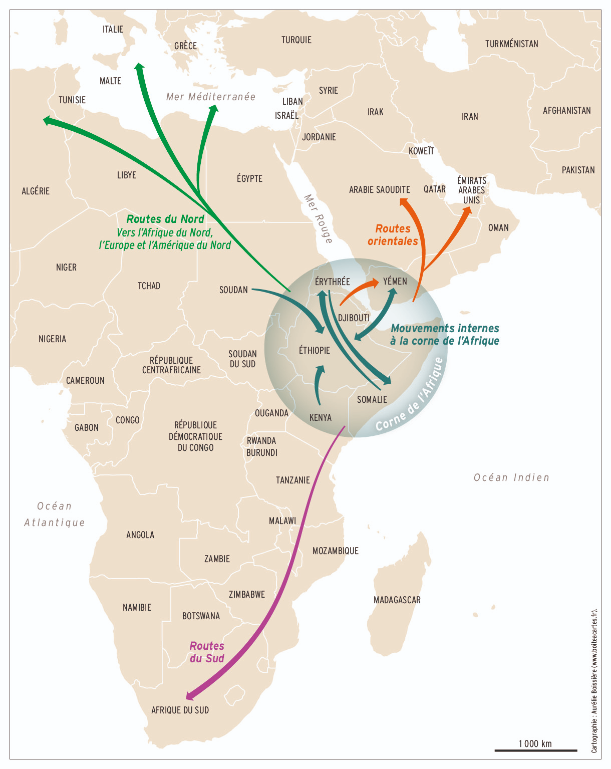 : Principales voies migratoires en provenance de la Corne de l’Afrique