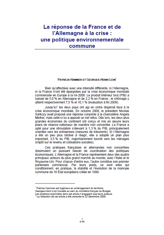 La réponse de la France et de l'Allemagne à la crise: une politique environnementale commune