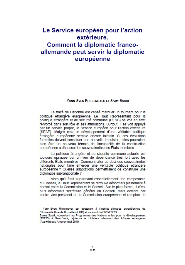 Le Service européen pour l'action extérieure. Comment la diplomatie franco-allemande peut servir la diplomatie européenne