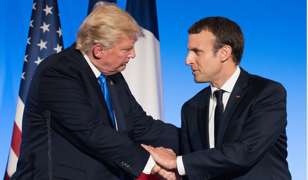 PARIS, FRANCE - JULY 13, 2017 : The President of United States of America Donald Trump with the french President Emmanuel Macron in press conference at the Elysee Palace