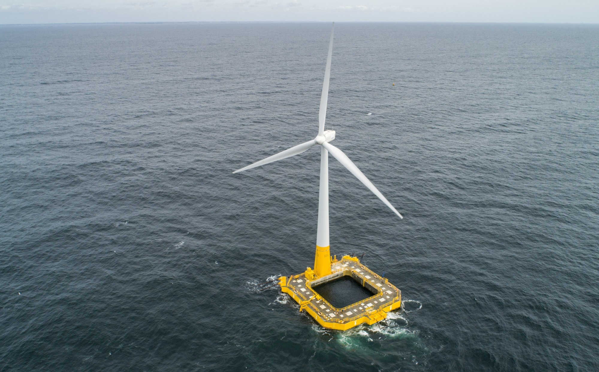 The Floatgen floating wind turbine, equipped with the Ideol float, installed on the SEM-REV (Centrale Nantes) off Le Croisic.