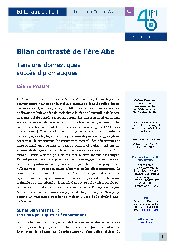 Bilan contrasté de l’ère Abe : Tensions domestiques, succès diplomatiques