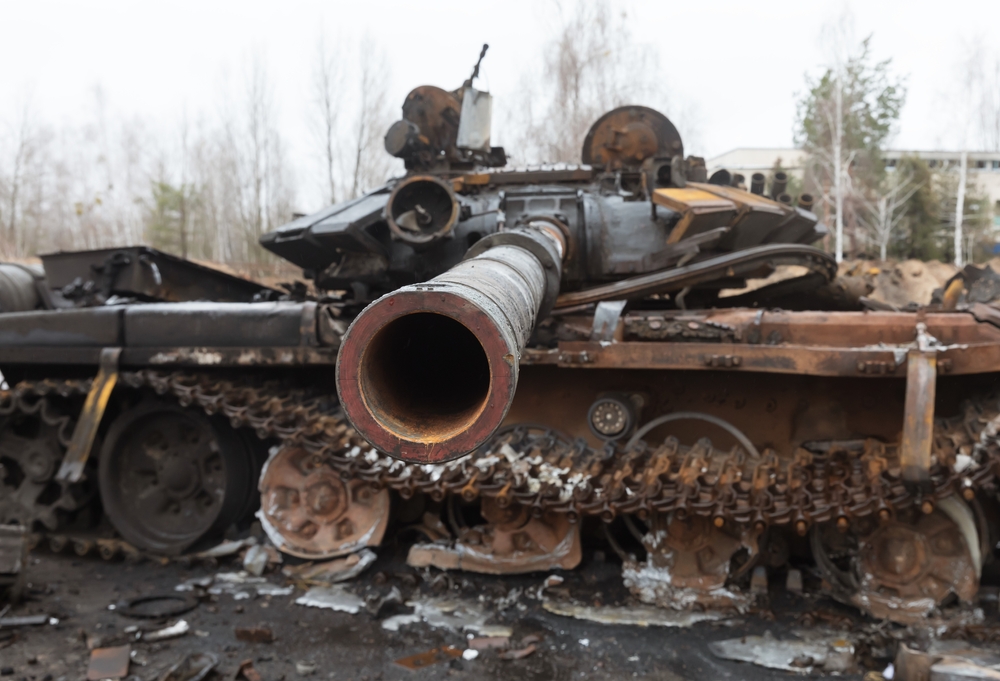 Chars russes détruits, Hostomil, Ukraine - 2 avril 2022