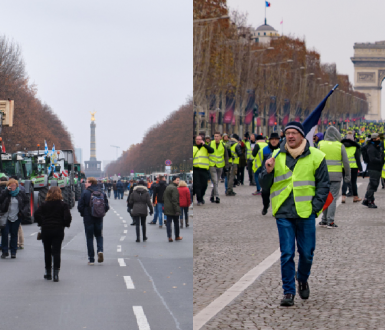 (links) Berlin, Deutschland 18. Dezember 2023 – Landwirtschaftliche Traktoren mit dem Brandenburger Tor im Hintergrund - (rechts) Paris, Frankreich 15. Dezember 2018 – Demonstration der Gelbwesten