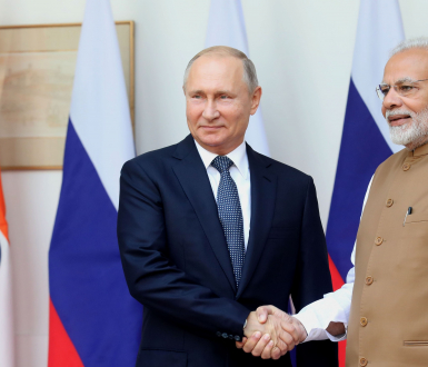 New Delhi, India June 20, 2020: Indian Prime Minister Narendra Modi's hugs Russian President Vladimir Putin before a meeting at Hyderabad House. sign a $5 billion deal to buy Russian S-400 air defense