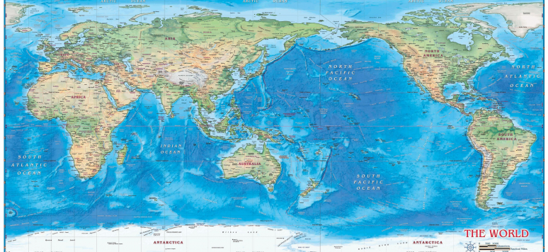 World Physical Wall Map Pacific Centered (c) Part Maps