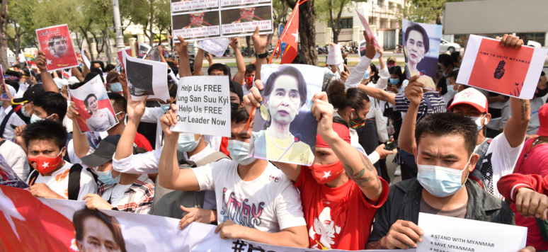 February 7, 2021: Myanmar protesters Living in Thailand Rally in front of the United Nations in Bangkok To combat the coup in Myanmar And want to release Aung San Suu Kyi soon.