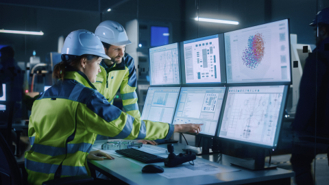 Project Engineers talking in front of computer screens