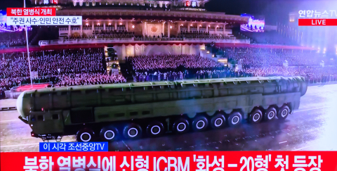 Presentation of the Hwasong 20 missile during a military parade in Pyongyang in October 2025.