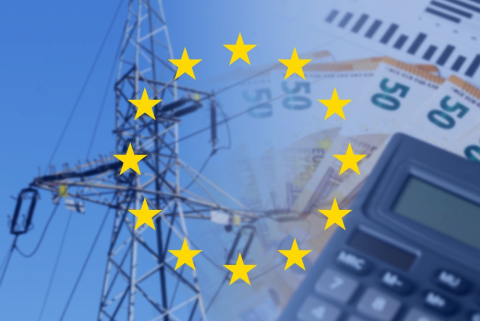 European Union energy prices concept with EU flag stars over power transmission tower electricity meter and calculator