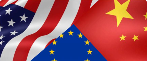 Drapeaux des États-Unis, de l'Europe et de la Chine