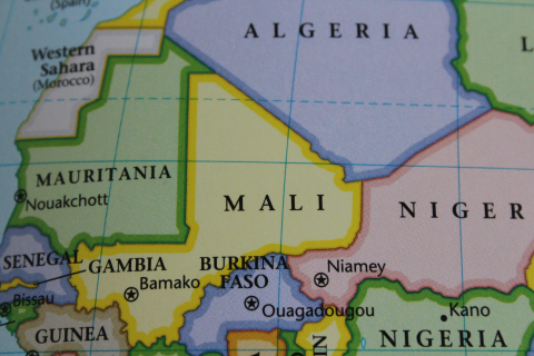 Carte de l’Afrique de l’Ouest, centrée sur le Mali et ses pays voisins.