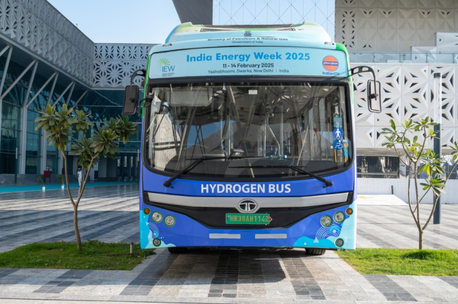 Indian Oil (IOCL) and Tata Motors display a green hydrogen fuel cell bus at Yashobhoomi