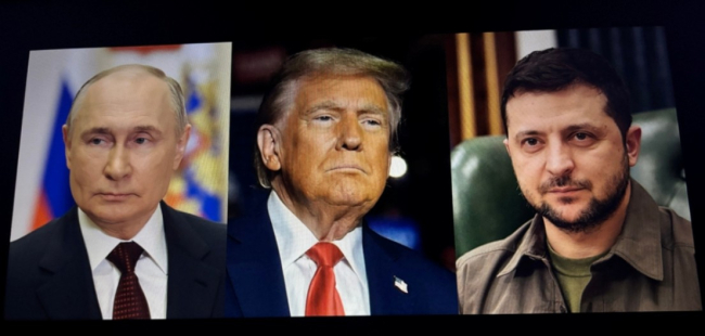 Image des présidents Donald Trump, Volodymyr Zelenskyy et Vladimir Poutine, 5 avril 2025 