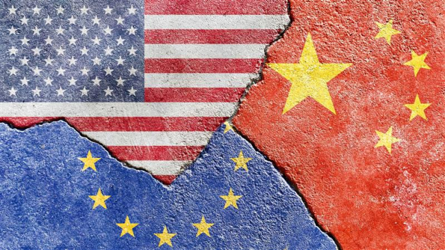 Flags of the United States, China, and the European Union