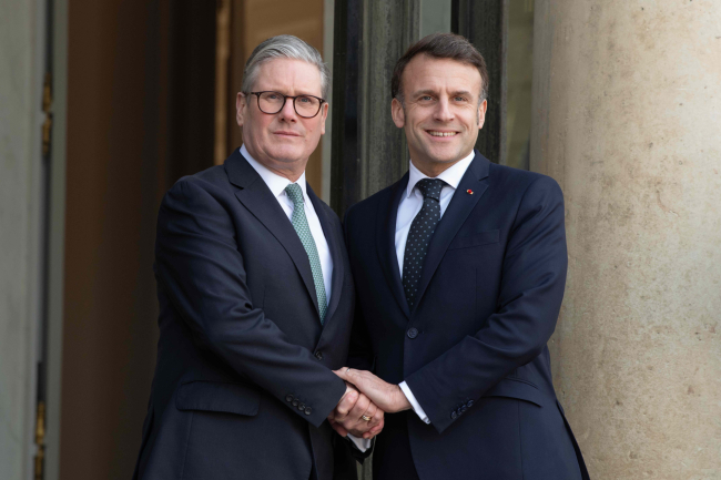 PARIS, FRANCE - February 17, 2025: French President Emmanuel Macron welcomes United Kingdom Prime Minister Keir Starmer to the Élysée Palace for a summit on Ukraine and European security.