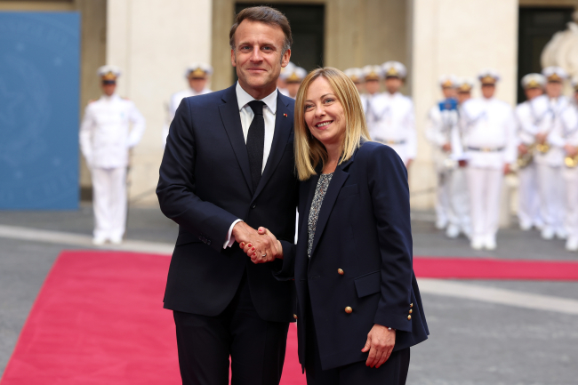 Rome, Italy, June 3, 2025: Italian Prime Minister Giorgia Meloni meets with French President Emmanuel Macron at Palazzo Chigi.