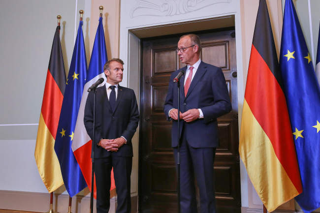 Berlin, Germany - 23/7/2025: Joint press statement by Federal Chancellor Friedrich Merz (GER) and President of the French Republic Emmanuel Macron (FRA).