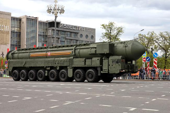 Moscow, Russia – May 2023: Nuclear weapons, Russian strategic missile system “Yars” on the city street before the Victory Day parade
