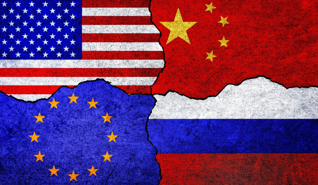 illustration with UE, Chinese, US, and Russian flags