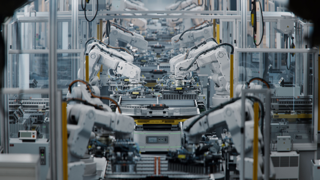 Production of lithium-ion EV batteries on a large automated assembly line at the Bright Factory, equipped with robotic arms.